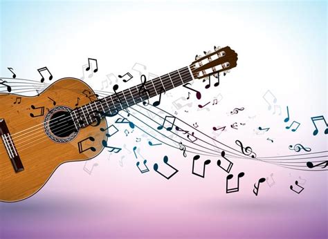 Music banner design with acoustic guitar and falling notes on clean background. Vector ...