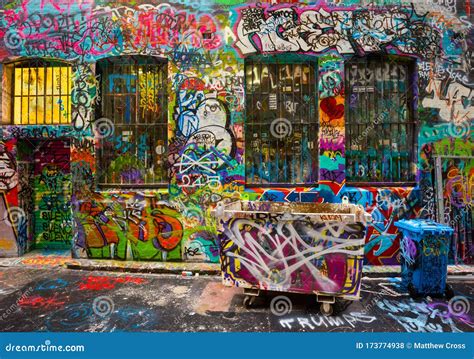 Abstract Colorful Spray Painted Ghetto Graffiti Tagged Alley with Dumpster Editorial Stock Photo ...