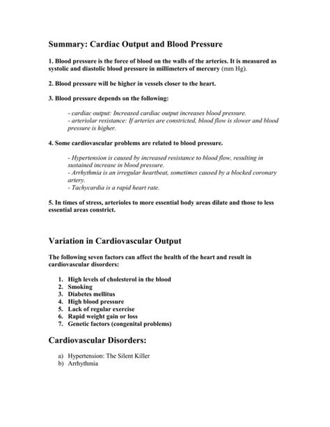 Summary: Cardiac Output and Blood Pressure