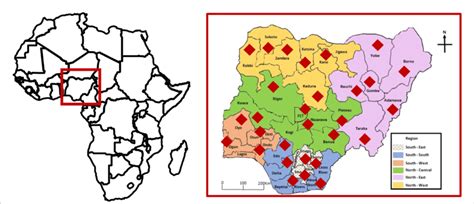 Map of Africa (left) showing the location of Nigeria and map of Nigeria ...