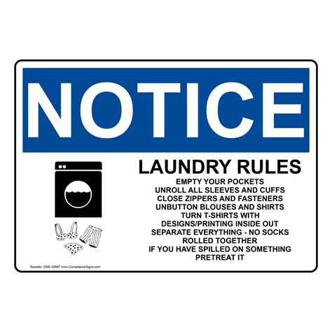 Notice Sign - Laundry Rules Empty Your Pockets - OSHA