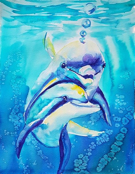 Dolphins Original watercolor painting ocean art nursery wall | Etsy