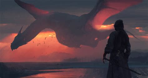 fantasy art, Sunset, Dragon, Birds, Digital art, Artwork