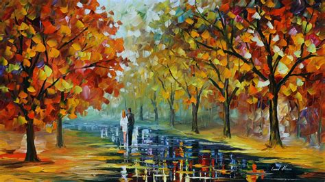 Wallpaper : sunlight, trees, painting, fall, park, couple, path, Leonid Afremov, tree, autumn ...