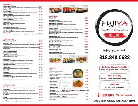 Menu at FUJIYA restaurant, Burbank