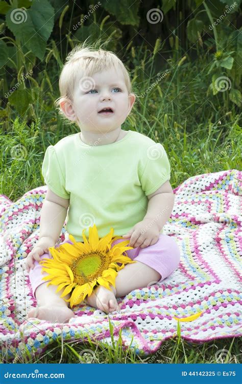 Baby girl and sunflower stock image. Image of flower - 44142325