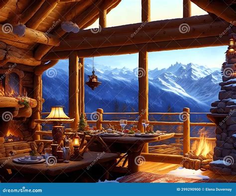 Mountain Chalet Interior in Winter - Generative AI Stock Illustration - Illustration of ...