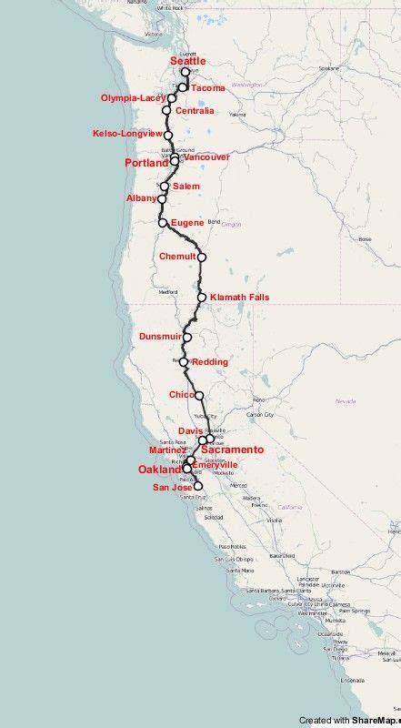 Map of Coast Starlight, Amtrak passanger train running at US west coast ...