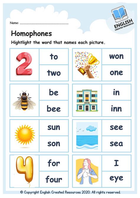 Free Homophone Worksheets