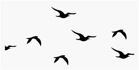 a flock of birds flying across a white sky with black silhouettes on the wings