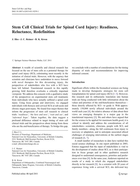 (PDF) Stem Cell Clinical Trials for Spinal Cord Injury: Readiness ...