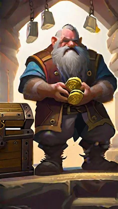 dwarf with a treasure chest full of coins and gems,...