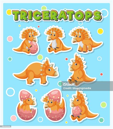 Set Of Cute Triceratops Dinosaur Cartoon Characters Stock Illustration ...