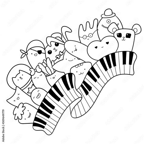 Musical doodle illustration. Piano keys with kawaii creatures, cute monsters and animals ...