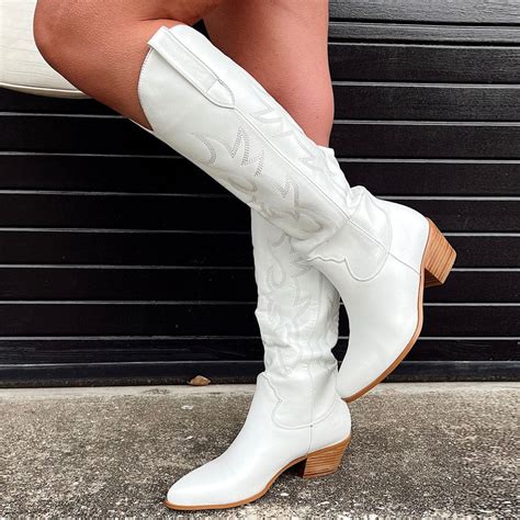 Sarairis Western Cowgirl Cowboy Boots For Women White Block Heel Shoes Vintage Retro Knee High ...