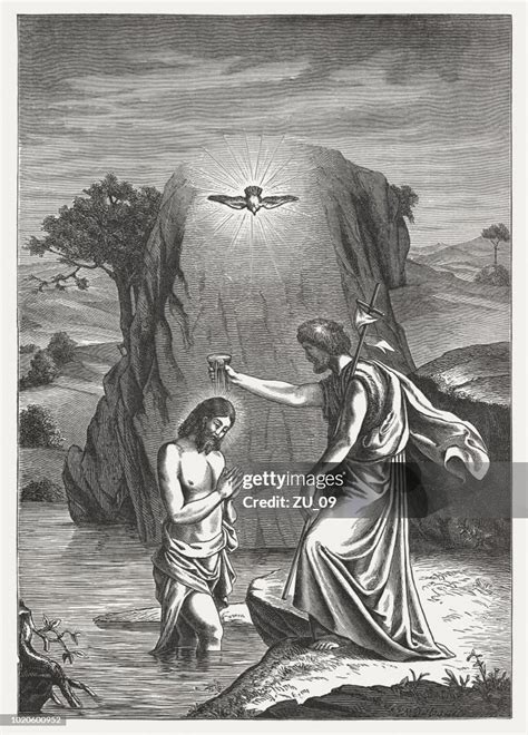 John The Baptist Baptizing Jesus Wood Engraving Published In 1888 High-Res Vector Graphic ...