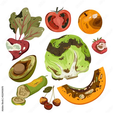 Cartoon isolated spoiled and damaged fruit and vegetables with rot ...