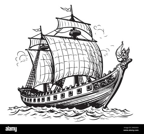 Drakkar Viking ship. Medieval military boat with sails Vintage Vector ...