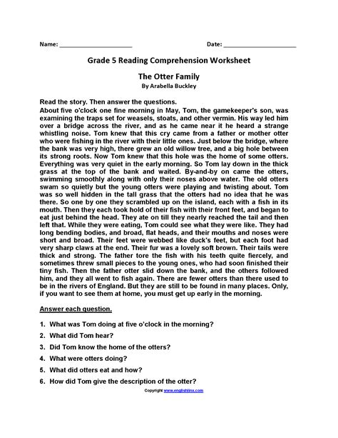 English Comprehension Passages for Grade 5 with Questions Picture ...