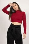 Red Crop Top - Mock Neck Crop Top - Wine Long Sleeve Crop Top