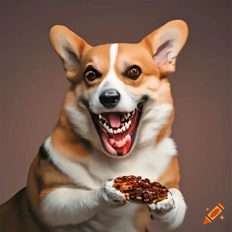 Humorous image of a corgi eating a pie on Craiyon