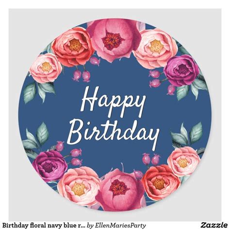 Birthday floral navy blue rose gold blush pink classic round sticker ...