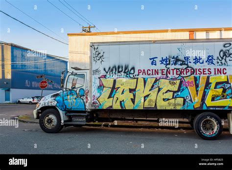 Graffiti on truck. East Vancouver, British Columbia, Canada Stock Photo ...