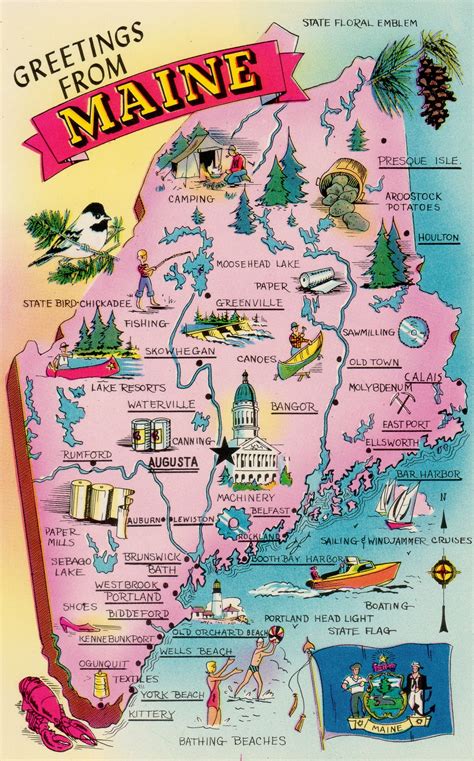 a map of maine with the words greetings from maine