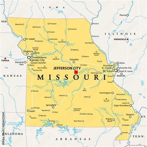 Missouri, MO, political map, with capital Jefferson City, and largest ...