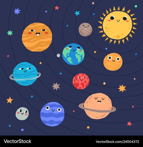 Funny planets of solar system and sun with smiling