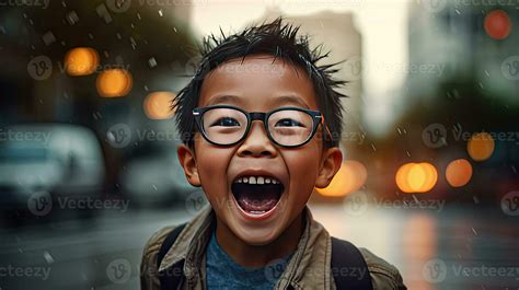 Happy satisfied asian boy wearing glasses portrait outside. Generative Ai 30391067 Stock Photo ...