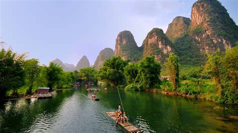 Wallpaper Guilin, Yangshuo beautiful landscape, mountains, trees, river ...