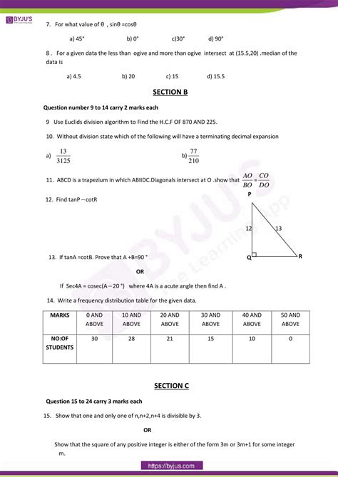 Download CBSE Class 10 Maths Sample Paper SA 1 Set 1 for Free in PDF