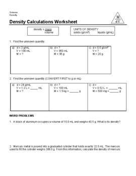 Density Calculations Worksheet [Worksheet & Answers] by Da Learning Dojo