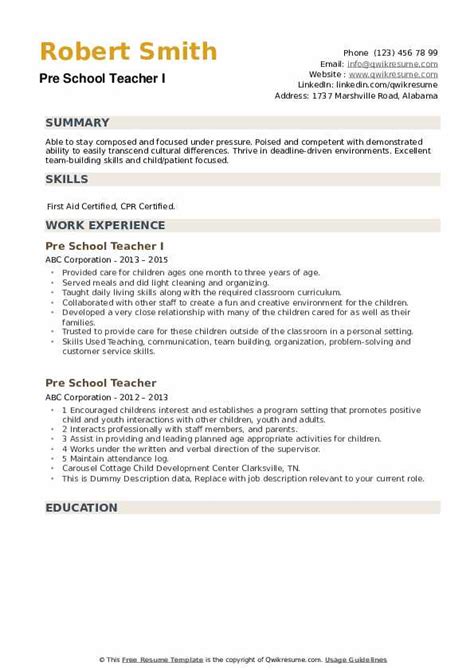 Pre School Teacher Resume Samples | QwikResume