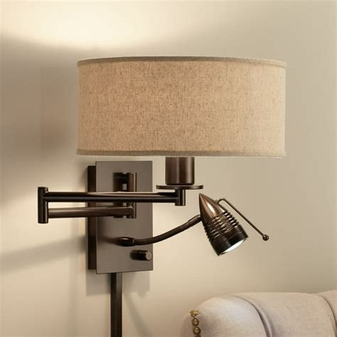 Possini Euro Design Modern Swing Arm Wall Lamp LED Bronze Plug-In Light Fixture Oatmeal Fabric ...