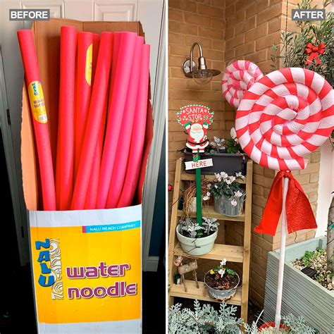 The giant £10 candy cane lollipop Christmas decorations using pool floats | Ideal Home