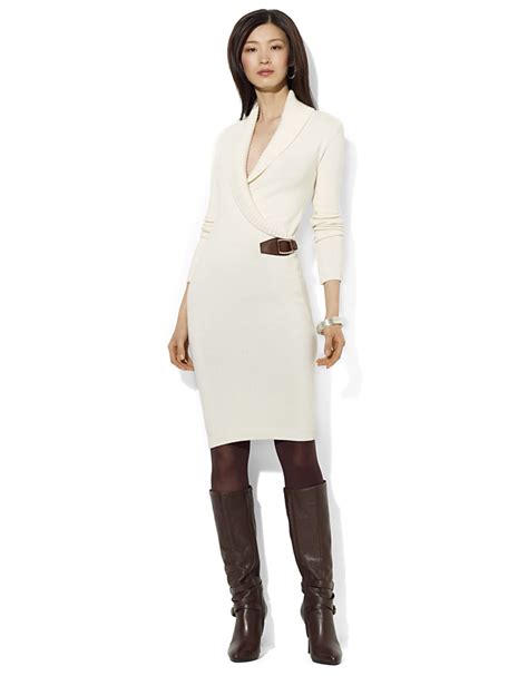 Lauren by ralph lauren Shawl Collar Sweater Dress in White | Lyst