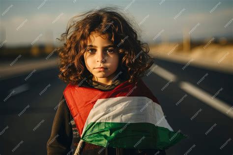 Premium AI Image | Palestinian kid girl holding Free Palestine flag in a blocked road portrait ...