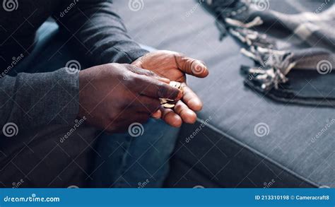 Black Man Counting Coins. Close Up on the Hands of Poor Man Stock Photo ...