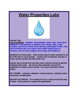 Water Properties Labs by Sizzling Science | TPT