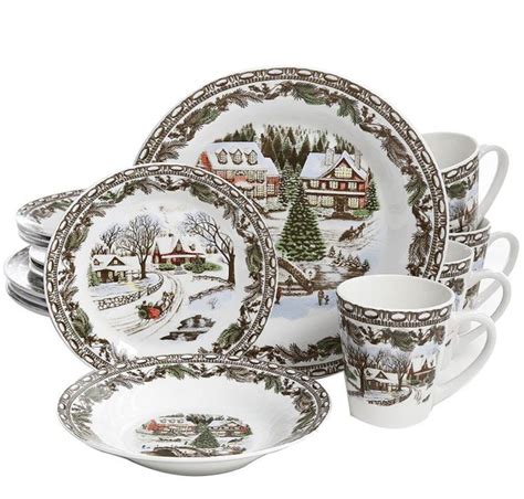 Christmas Dinnerware Set 16 Piece Holiday Service 4 Winter Tree Ceramic ...