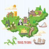 中国旅行のベクター イラストです。中国語は、建築、料理、衣装、伝統的なシンボルで設定します。中国を意味する中国語のテキスト — ストックベクタ | 旅行イラスト, 中国旅行, ベクターイラスト