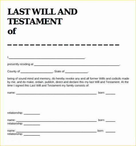 Free Printable Last Will And Testament Blank Forms