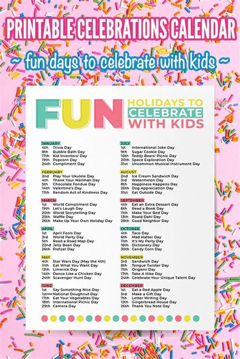 Fun Days to Celebrate with Kids: Printable Calendar for Home or School ...