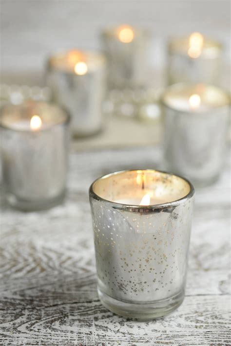 12 Pre-Filled Candles in Mercury Glass Votive Holders Unscented 2in. Wide x 2-3/8in. Tall Silver ...