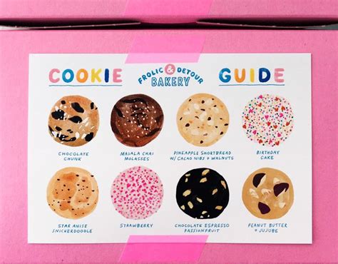 a pink box filled with different types of cookies