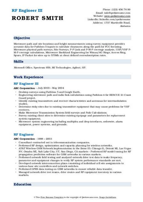 RF Engineer Resume Samples | QwikResume