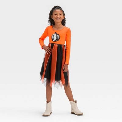 Girls' Adaptive Long Sleeve Sequin Halloween Tulle Dress - Cat & Jack™ Orange M : Target