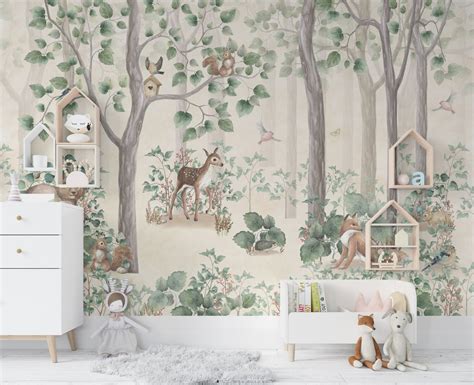 Cute Animals in the Forest Wallpaper Watercolor Forest - Etsy